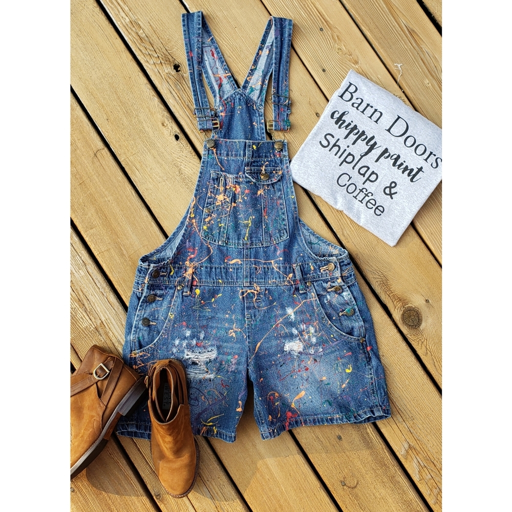 SOLD☆Denim Paint Splattered Overall Shortalls - Picture 2 of 3
